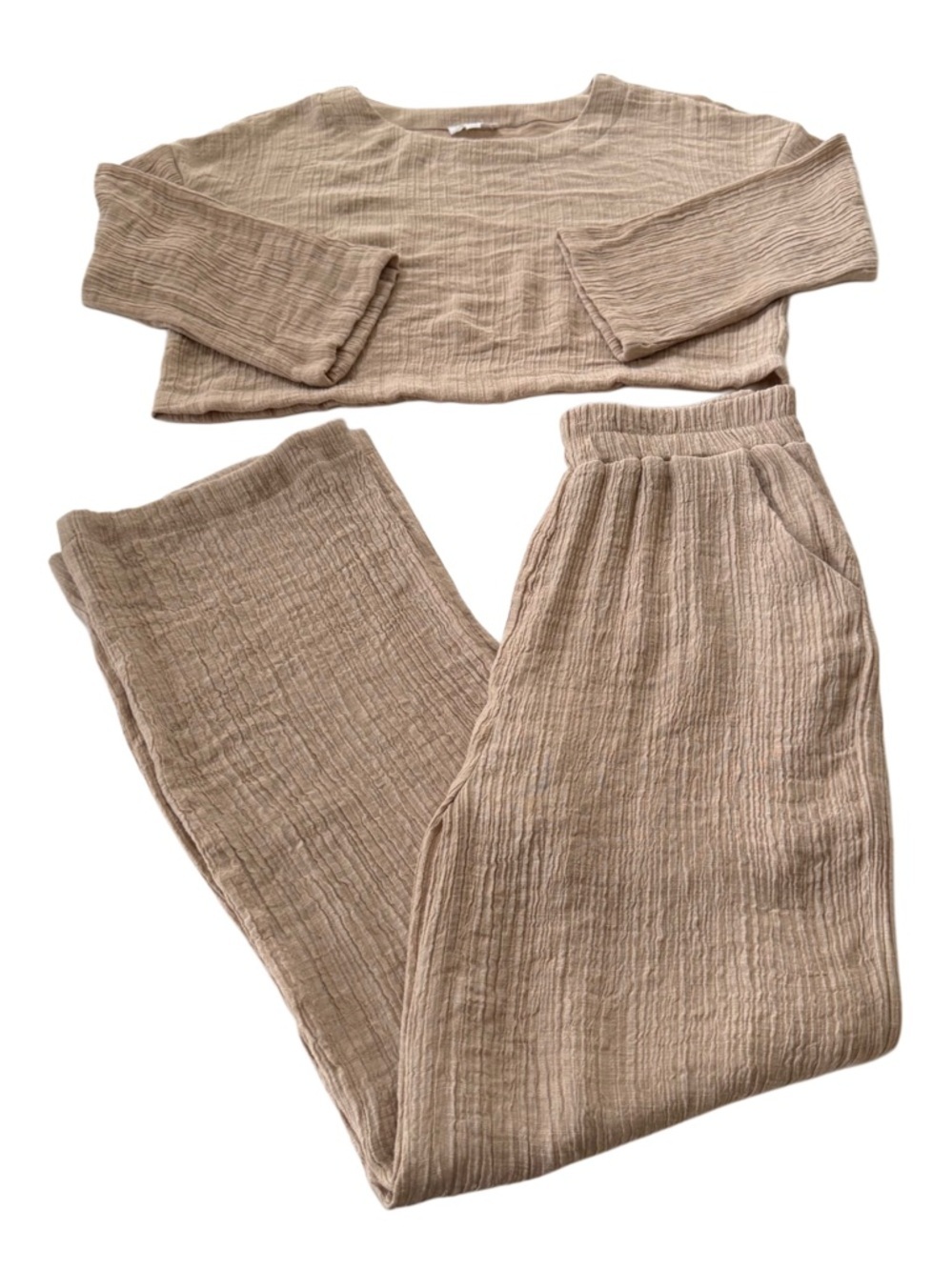 Classic Boho Staple Coord Tan Set Cropped Boxy Long Sleeve Top Wide Leg Pants S